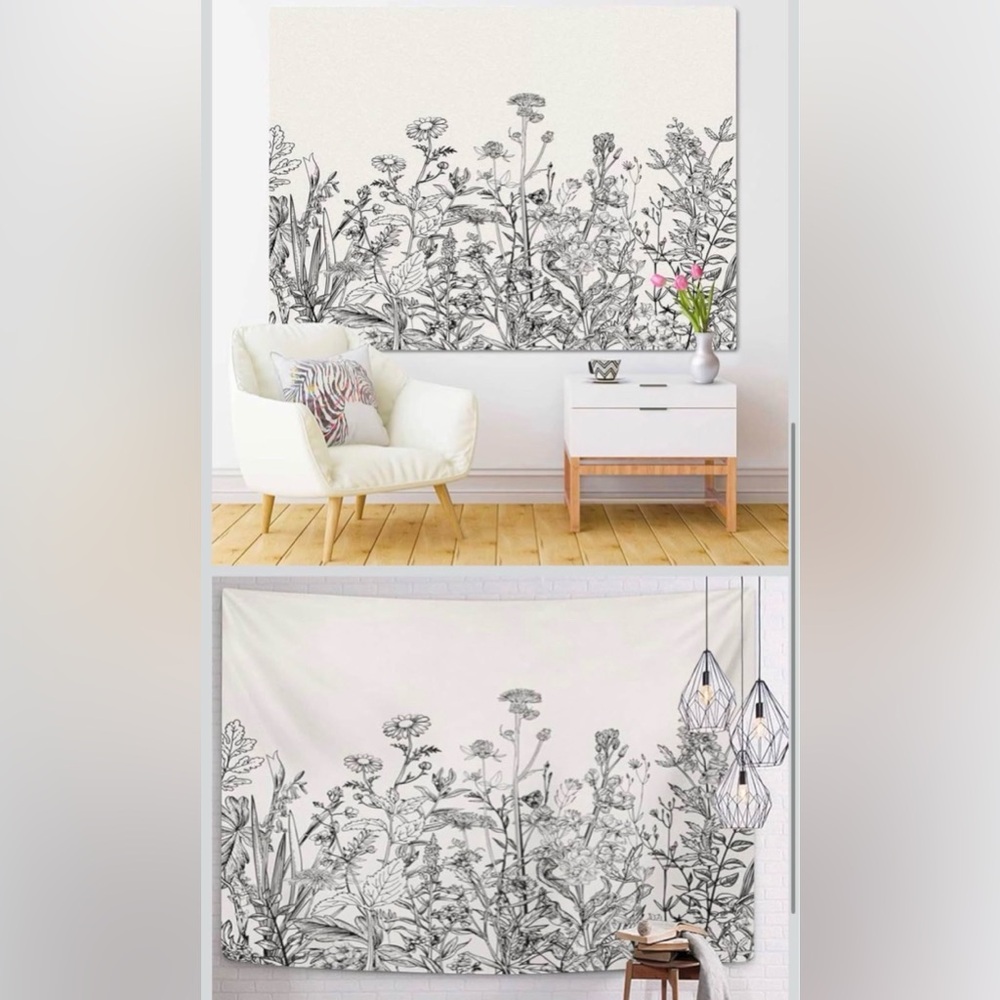 Botanical Meadow Wall Tapestry - Cream and Black